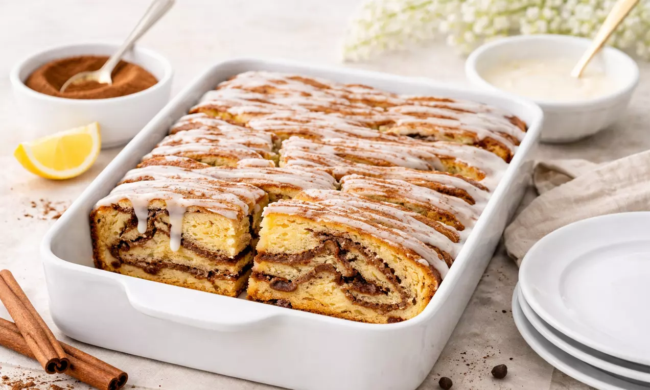 Dieser Zimtschneckenkuchen vereint den klassischen Geschmack von Zimtschnecken mit der fluffig-buttrigen Struktur einer Sandmasse., AI-labeled image