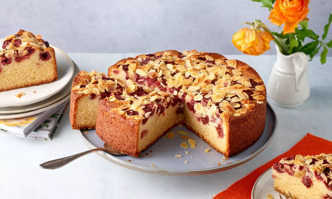 Saftig gebackene Kirsch-Joghurt-Torte mit goldbraunen Mandelblättchen obenauf auf einem grauen Teller, daneben ein angeschnittenes Stück