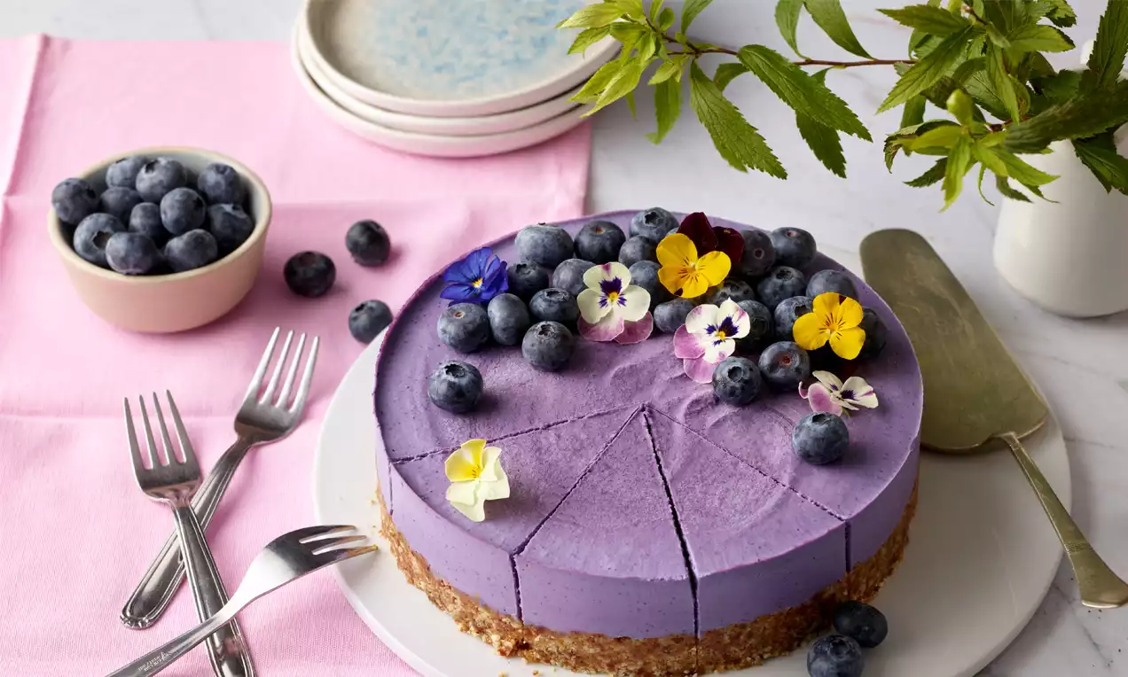 Vegane Heidelbeertorte mit lila Creme auf Nussboden, verziert mit frischen Heidelbeeren und essbaren Blüten auf weißem Teller