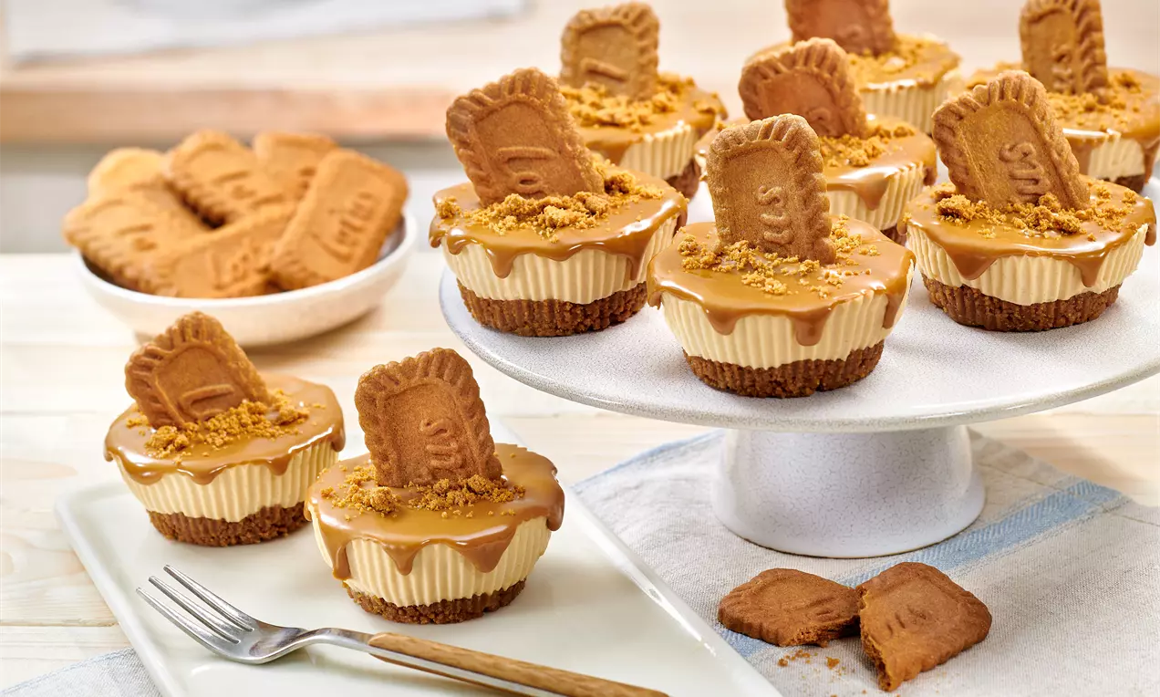 Kleine Lotus-Cheesecakes mit heller Frischkäsecreme auf braunem Keksboden, bedeckt mit karamellfarbener Biscoff-Creme und dekorativen Keksstücken