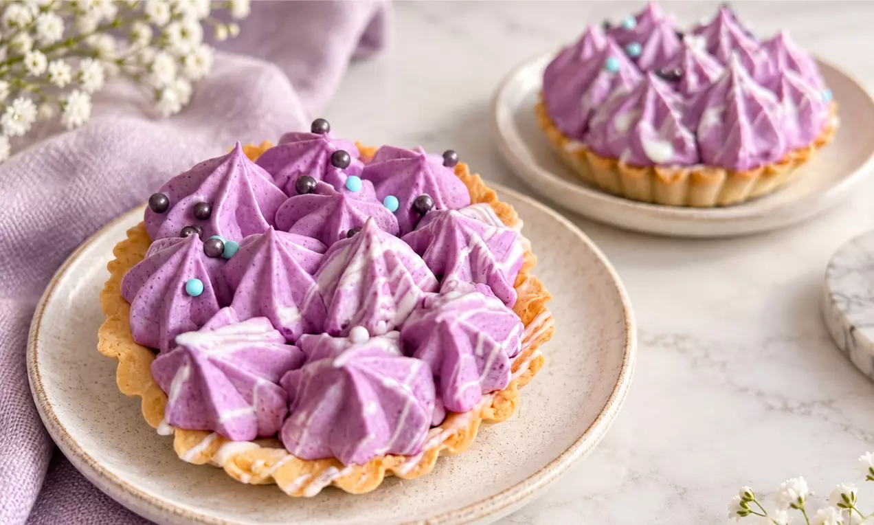 Knusprige Tartelettes mit lilafarbenem Ube-Schlagschaum in sternförmigen Tupfen, verziert mit bunten Zuckerperlen, auf Keramiktellern serviert, AI-labeled image