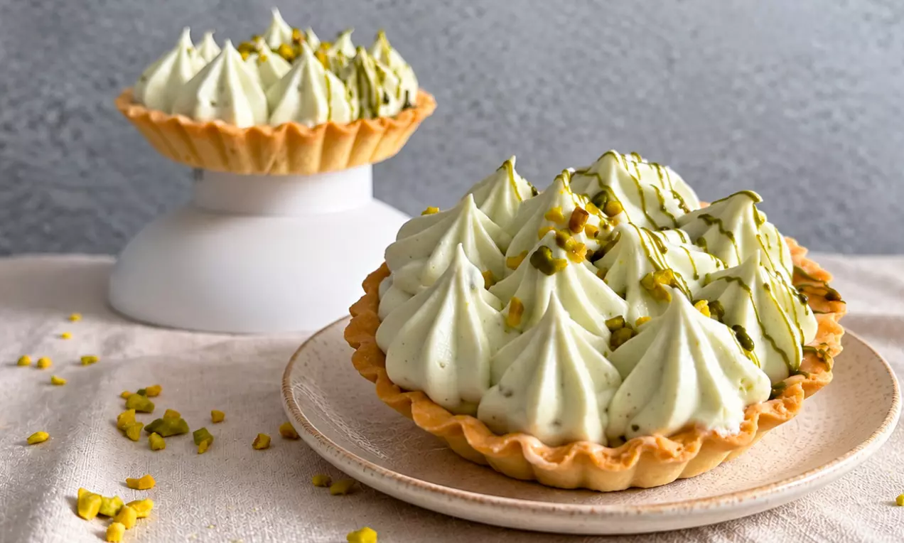 Tartelettes mit knusprigem Mürbeteigboden, luftigem Pistazien-Schlagschaum in cremigem Grün und gehackten Pistazien dekoriert, AI-labeled image