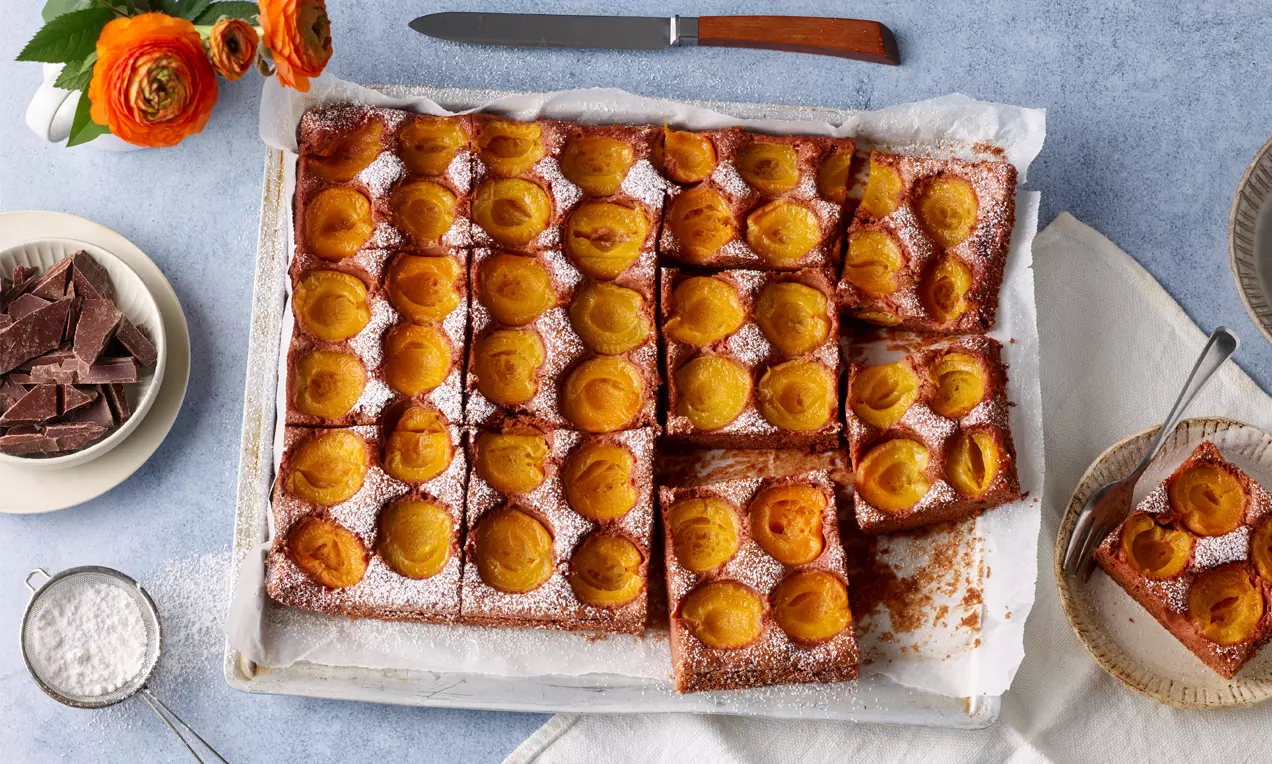 Saftiger Schokokuchen mit gelben halbierten Aprikosen und Puderzucker, in rechteckige Stücke geschnitten auf Backpapier angerichtet
